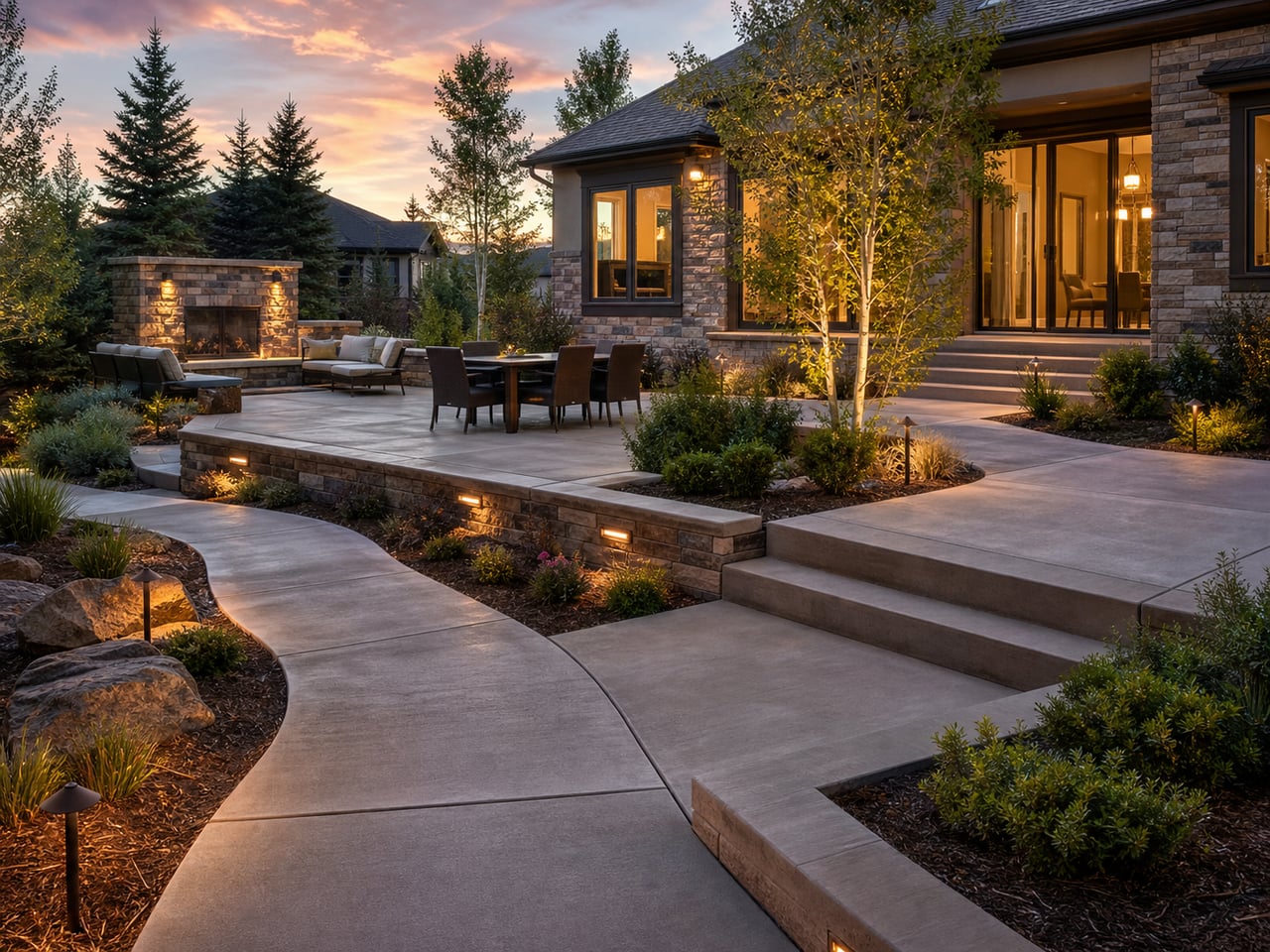 Finished Cornerstone Concrete Co. project showing planned multi-surface layout at dusk